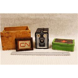 Vintage Brownie Target Six-20 Camera, Wooden Box, First Aid Tin and CN Badge