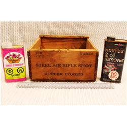 Steel Air Rifle Shot Wooden Crate and (2) Vintage Tins