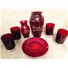 Image 1 : Ruby Red Glassware (7) W/ Etched Vases