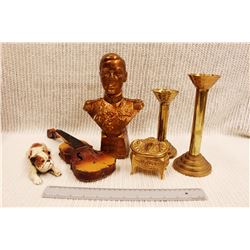 Misc Vintage Decor (Candlesticks, King George VI Bust, Tin Violin, etc)