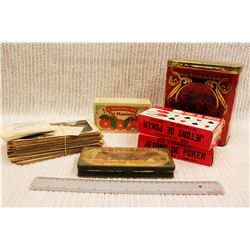 Lot of Vintage Novelty (Poker Chips, Math Set, Tin, Stereoscope Cards
