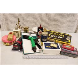 Box of Vintage Misc (Flash Bulbs, Garden Nozzle, Tins, Aftershave, Work Light)