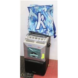 KOKANEE COOLER WITH KARAOKE MICS AND DISCS.