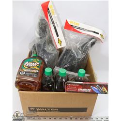 BOX W/ QUAKER STATE SAE 5W-30, SPOUT LIDS AND MORE