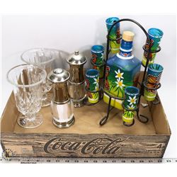 FLAT WITH PAINTED DECANTER AND SHOT GLASS SET WITH