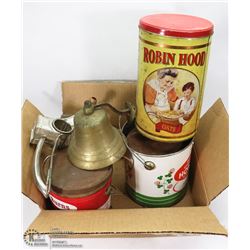 FLAT WITH VINTAGE TINS, ANTIQUE BELL & ANTIQUE