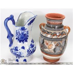 LARGE BLUE FLORAL VASE WITH POTTERY JUG