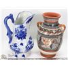 Image 1 : LARGE BLUE FLORAL VASE WITH POTTERY JUG