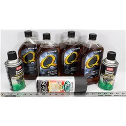 BOX WITH SAE 5W-30 OIL, BATTERY CLEANER AND MORE.