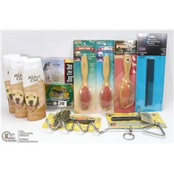 FLAT OF ASSORTED DOG ACCESSORIES INCL SHAMPOO,