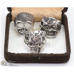 LOT OF 3 MENS SKULL BIKER RINGS