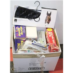 BOX OF ASSORTED HOME ITEMS INCL NEW VANITY SET