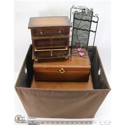 3 WOOD JEWELRY BOXES WITH CONTENTS & JEWELRY