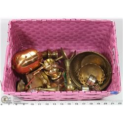 BIN OF BRASS FIGURINES CANDLE HOLDERS, VASES AND