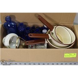 BOX OF BLUE GLASS BOTTLES, 3 METAL POTS AND
