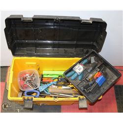 YELLOW TOOL BOX WITH ASSORTED TOOLS AND PARTIAL