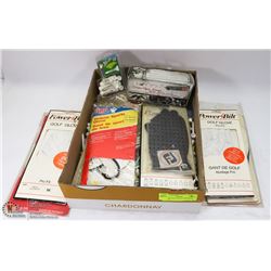 FLAT OF GOLF TEES & ASSORTED GLOVES