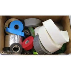 BOX OF ASSORTED TRADE TAPES AND RIBBONS