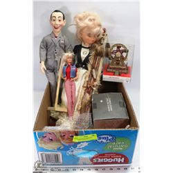 BOX OF COLLECTIBLES INCL PEEWEE HERMAN DOLL,