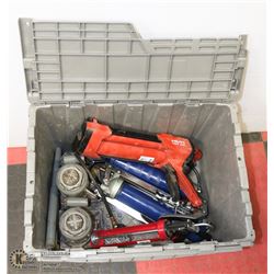 BIN WITH TWO 12 TON BOTTLE JACKS W/HANDLE JACKS,