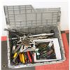 BIN WITH ASSORTED PLIERS, SCREW DRIVERS, WRENCHES,