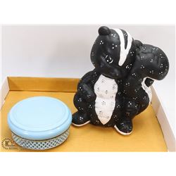 SKUNK PIGGY BANK AND VINTAGE ESTATE TIN FILLED