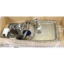 BOX OF SILVERPLATED TRAYS CANDLE HOLDERS & MORE