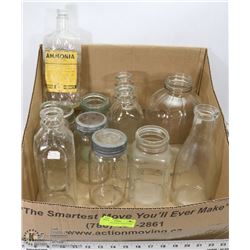 BOX OF 12 GLASS BOTTLES & JARS