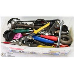 CLEAR TOTE BIN OF ASSORTED TOOLS & SUPPLIES