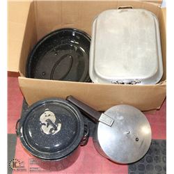 LOT OF ENAMEL ROASTING PANS, PRESSURE COOKER AND