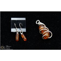 STERLING SILVER & AMBER PENDANT EARRINGS.