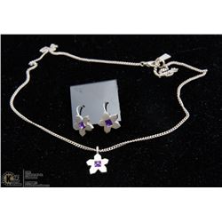 FLOWER NECKLACE & EARRING SET W/ PURPLE STONES