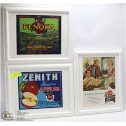 THREE 13X16 FRAMED VINTAGE APPLE CRATE LABELS +