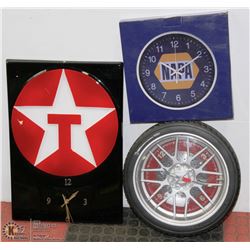 LOT OF THREE AUTOMOTIVE WALL CLOCKS -TEXACO,