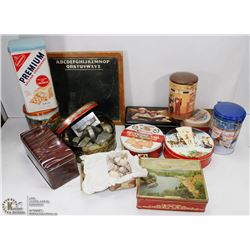 LARGE BOX OF ASSORTED COLLECTIBLE TINS AND