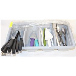 CUTLERY TRAY WITH ASSORTED KNIVES, TONGS AND MORE