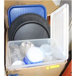 BOX OF ASSORTED DRINK CUPS AND SERVING TRAYS