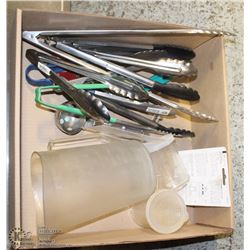 BOX OF TONGS, MEASURING CUPS, SHAKERS THERMOMETER