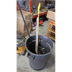 NEW GARBAGE BIN WITH 2 SETS OF WHEELS, MOP/BROOM