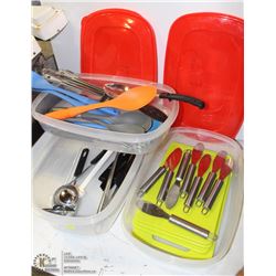 LOT OF 4 BINS OF UTENSILS AND CUTTING BOARDS