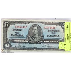 1937 CANADIAN $5 BILL.