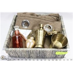 STORAGE BOX FILLED W/ GLASS PERFUME BOTTLES,