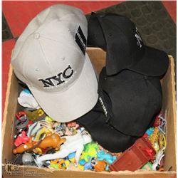 BOX OF VINTAGE SMALL TOYS & BRAND NEW NYC BASEBALL