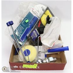 FLAT OF NEW  ASST  TOOLS  AND HITCH BALL