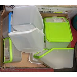 BOX OF ASSORTED DRY STORAGE CONTAINERS WITH SCOOPS