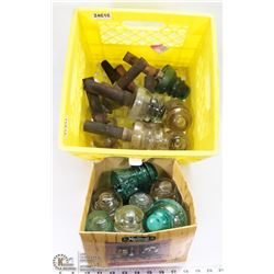 CRATE OF TELEPHONE INSULATORS SOME WITH WOOD