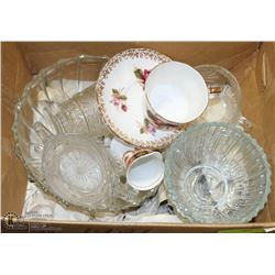 BOX OF ASSORTED GLASS DISHWARE.