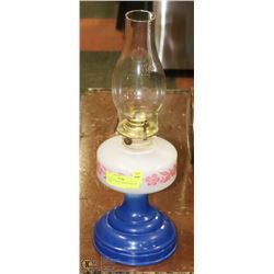 WHITE GLASS WITH BLUE BASE OIL LAMP