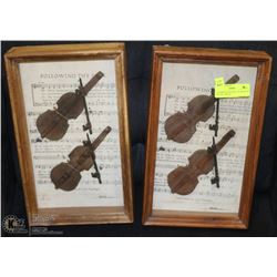2 FRAMED GLASS WALL PLAQUES OF VIOLINS - METAL.