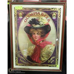 19X25 FRAMED VINTAGE OLYMPIA BEER PICTURE